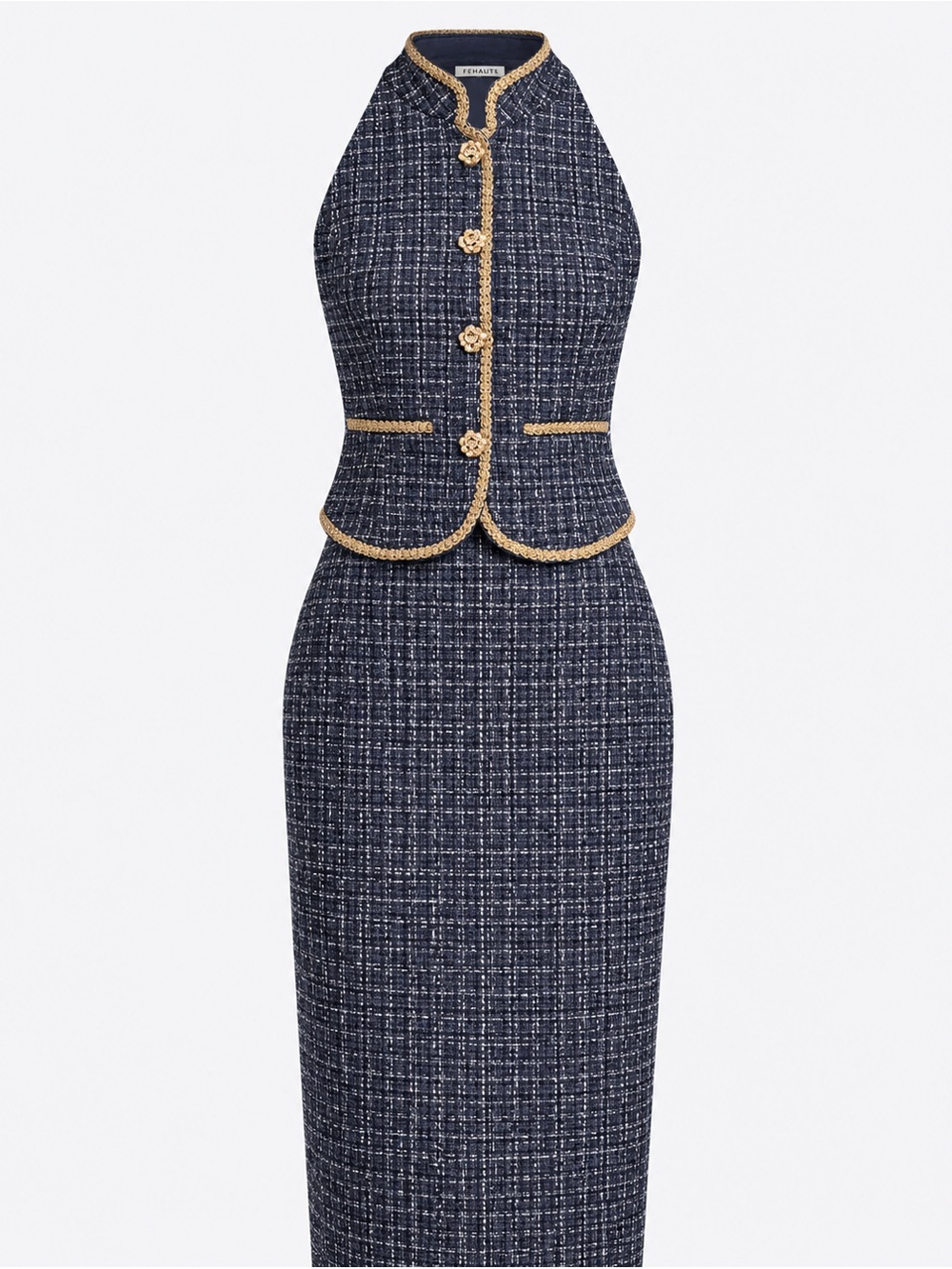 Tweed Halter Midi Dress with Gold Trim - Navy